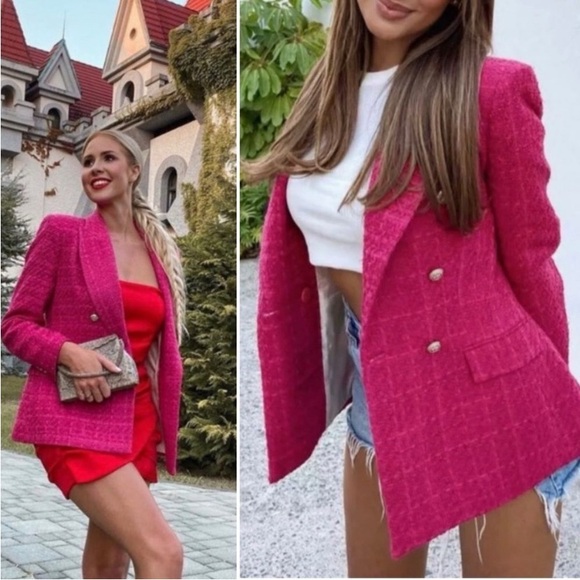 Zara Jackets & Blazers - BLOGGERS FAVE Zara Raspberry Red Bouclé Tweed Blazer